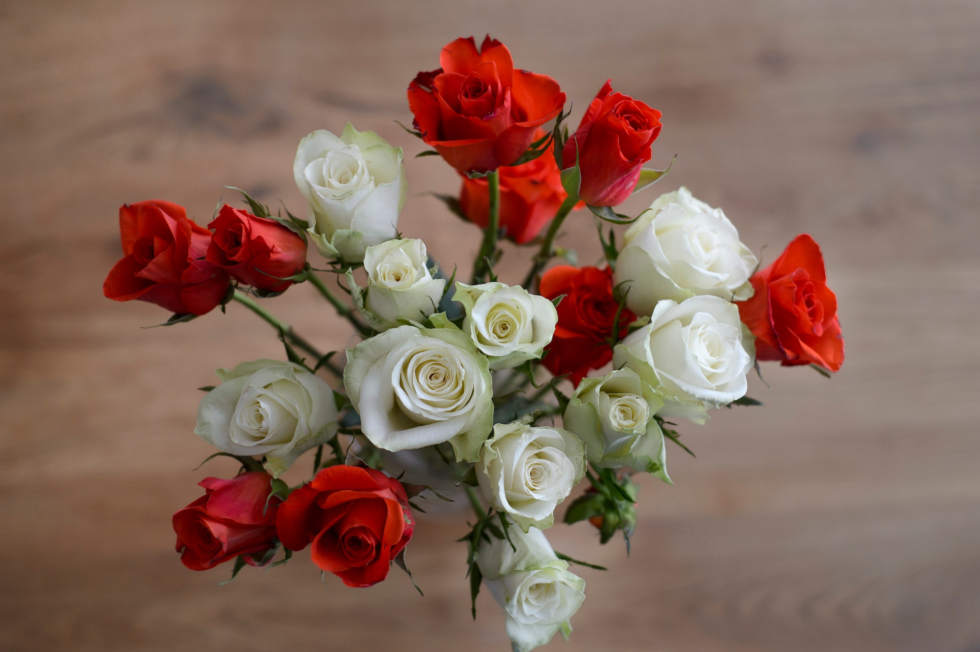Biele a červené ruže v kytici