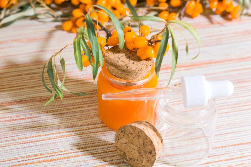 hippophae sea buckthorn cosmetic oil in a glass bottle with a pipette on a background with copy spac