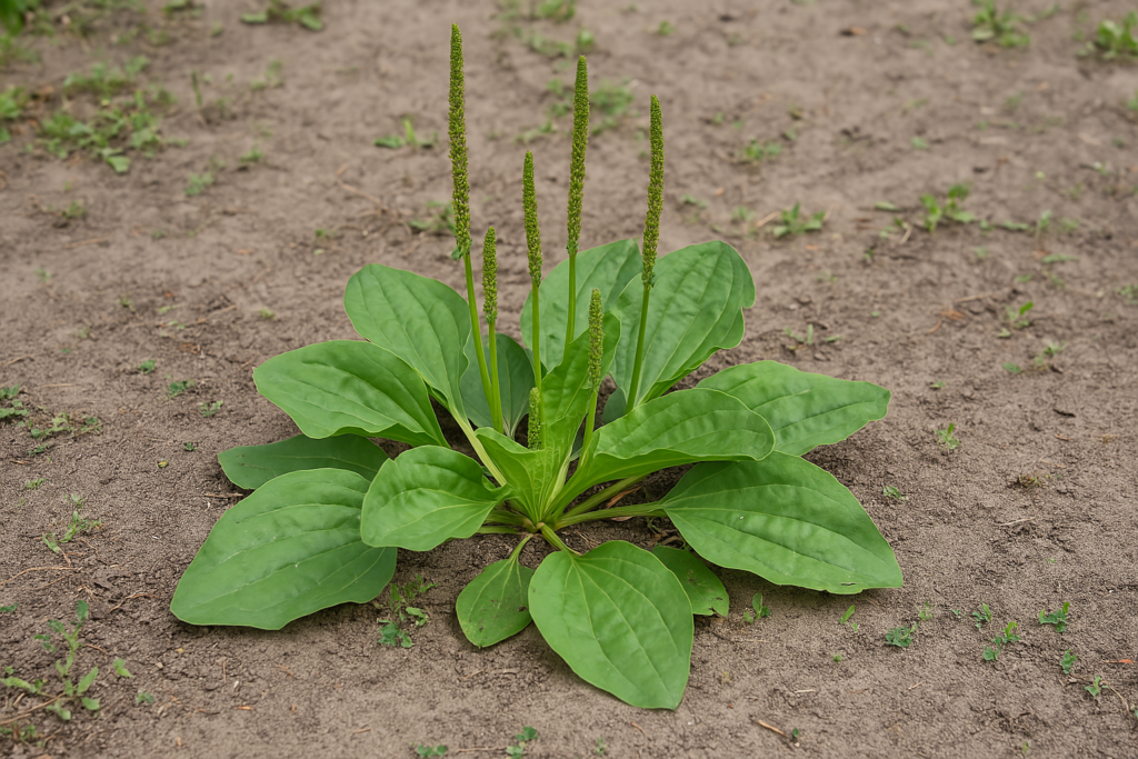 Skorocel väčší (Plantago major) s prízemnou ružicou širokých vajcovitých listov a dlhými klasmi kvetov