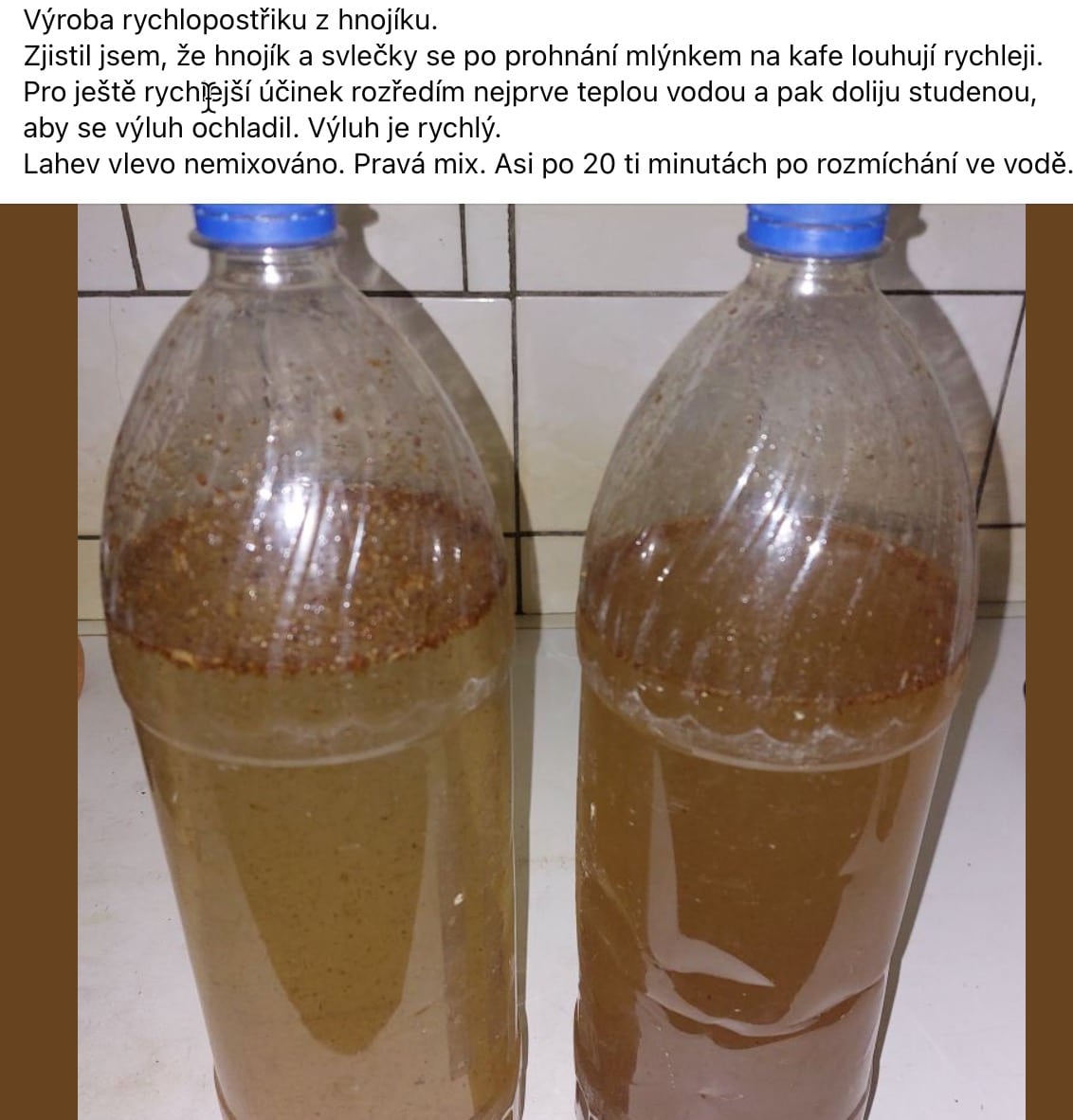 Rozmiešavanie výluhu Hnojíka v kýblikoch