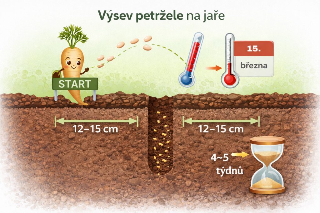 výsev petržlenu na jar ilustrácia správna hĺbka a rozstupy riadkov