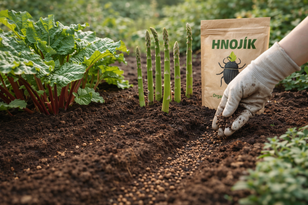 organické hnojivo Hnojík použitie na záhon rebarbory a špargle záhrada v marci